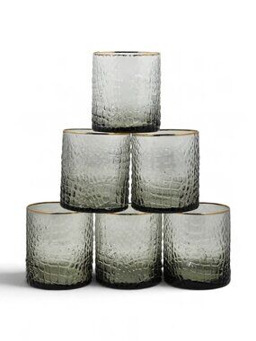 Beatriz Ball Croc Double Old Fashion With Gold Rim Set of 6 Smoke Grey 14 0z